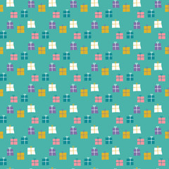 Seamless pattern of wrapped gifts on a green background.