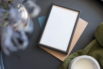 Object mock up image. White blank paper in fancy modern inetior. Nobody on photo. Space for text