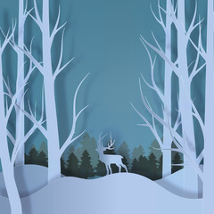 Deer standing on a snow pile in the Christmas tree forest,Christmas & New Year background paper cut for greeting card design, calendar illustration.