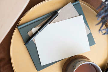 Object mock up image. White blank paper in fancy modern inetior. Nobody on photo. Space for text