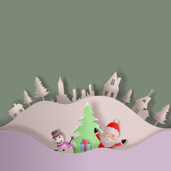 Snowman and Santa with gifts.Christmas & New Year background paper cut for greeting card design, calendar illustration.