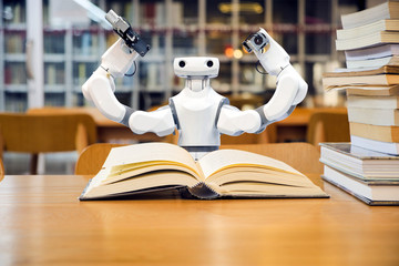 Smart AI robot are reading textbooks in the library, to study knowledge in working with or replacing human beings in the future, That works in an automated via smartphone to control the operation