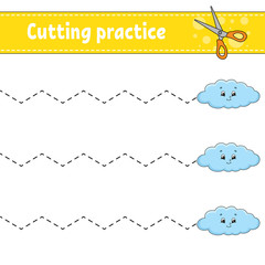 Cutting practice for kids. Education developing worksheet. Activity page with pictures. Game for children. Isolated vector illustration. Funny character. Cartoon style.