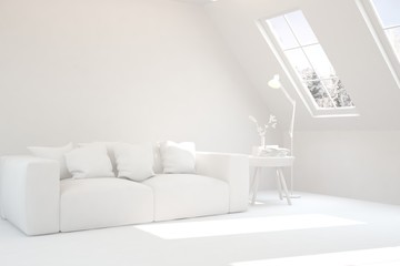 Mock up of stylish room in white color with sofa. Scandinavian interior design. 3D illustration