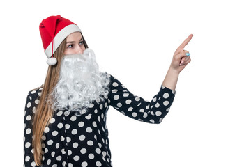 Fototapeta na wymiar woman in santa costume points finger