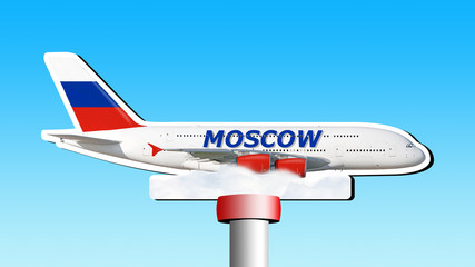 Fototapeta premium Modern airplane sign in Russia flag colors with Moscow lettering on aircraft body flying isolated on blue sky background wide banner side view of plane. Air travel symbol world city destination flight