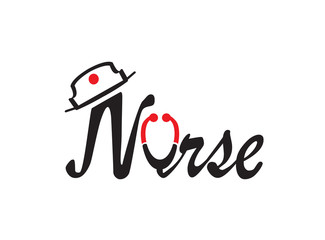Nurse font with a stethoscope and hat logo design illustration on white background