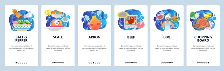 Mobile app onboarding screens. Cooking salad, food scale, apron, steak grill, chopping board, bbq. Menu vector banner template for website and mobile development. Web site design flat illustration