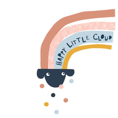 Decorative childish weather illustration. Cute cloud character with round droplets paper cut simple composition. Happy little cloud text. Gender-neutral nursery design idea