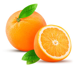 Orange fruit and one cut in half, with leaf