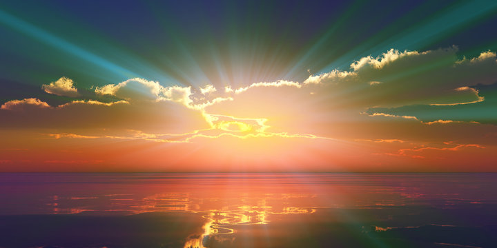 Beautify sunset over sea, sun ray