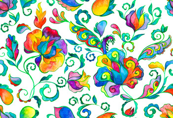 Obraz na płótnie Canvas Rainbow paisley, flores, flowers, tulips, butterfly isolated on white background. Bright colorfull floral seamless pattern. Abstract indian print. Oriental traditional whimsical seamless border design