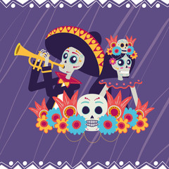 dia de los muertos card with catrina and mariachi playing trumpet