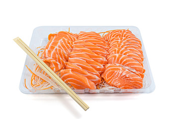 Salmon sashimi in Japanese style, Slices of raw salmon fillet isolated on white background with clipping path