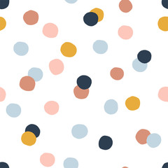 Vektornahtloses Muster mit bunten Punkten. Kreativer skandinavischer kindlicher Hintergrund für Stoff, Verpackung, Textil, Tapete, Bekleidung.
