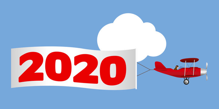 Carte de vœux pour la nouvelle année, montrant un avion rouge à hélice tirant une banderole blanche annonçant l’année 2020.