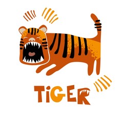 Tiger. Vector illustration for children's creativity. A banner with a charming object in the background. For postcards, children's development centers, games, birthday, decoration.
