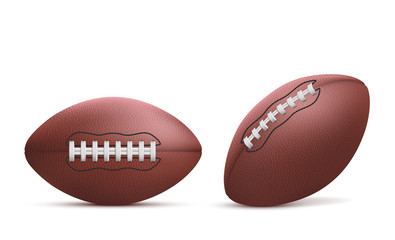 Rugby balls set isolated on white background, american football sports accessory with lacing, equipment for playing game, championship or competition. Realistic 3d vector illustration, icon, clip art