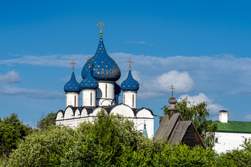 Russia, Vladimir Oblast, Suzdal: Panorama view with famous old White Monument blue onion domed Cathedral of the Nativity of the Theotokos and river Kamenka in one of the oldest Russian towns - travel