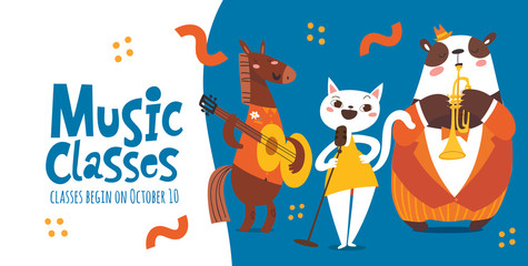 Cute vector music classes flyer or poster design with cute animals playing music