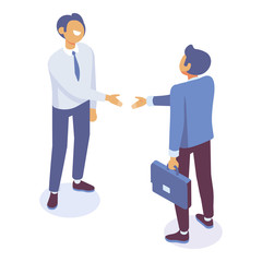 Isometric business people handshake. Partnership, deal, agreement. Vector isolated characters.
