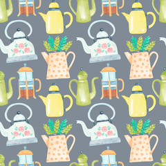 Different tea and coffee pots, kettles background. Tea and coffee time seamless pattern. Lovely design for kitchen textile. Watercolor illustration.