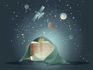 The book is about space. A child reads a book about planets under a blanket. Reading with a flashlight. Starry sky and satellites.