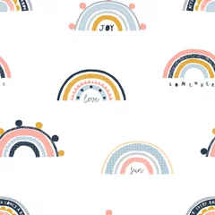  Naadloos kinderachtig patroon met trendy regenbogen. Creatieve Scandinavische genderneutrale kinderachtergrond voor stof, verpakking, textiel, behang, kleding. vector illustratie © AngellozOlga
