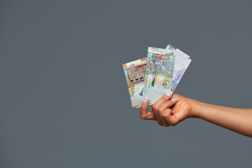 Beautiful female hands hold Kuwaiti dinars on a gray background. Copy space, gray background