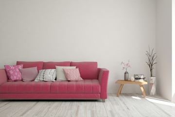 Stylish room in white color with sofa. Scandinavian interior design. 3D illustration