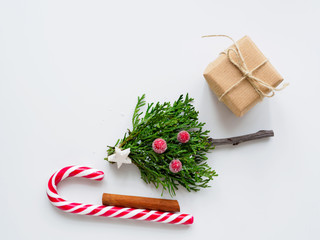 Weihnachtsbaum aus Koniferen auf einer Zuckerstange und Geschenkpaket auf einem weißen Hintergrund, Flat lay