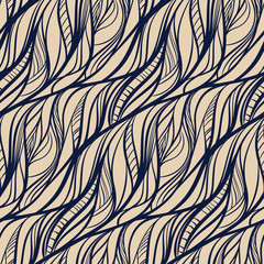 Abstract tangled leaves seamless pattern. Black and white wavy striped background. Endless backdrop. Vector illustration