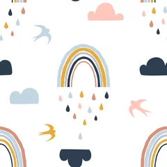 Behang Naadloze abstracte patroon met hand getrokken regenbogen, regendruppels, wolken en kriskras. Creatieve Scandinavische kinderachtige achtergrond voor stof, verpakking, textiel, behang, kleding. vector illustratie © AngellozOlga