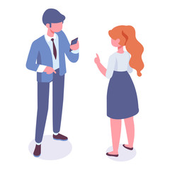 Isometric man and woman standing and having conversation. Talking. Business people team. Disscussing new idea. Coworkers. Vector isolated isometric characters.