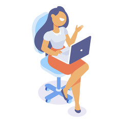 Isometric girl in a skirt with a laptop sitting on a chair. Isometric vector isolated illustration.