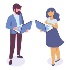Isometric couple bearded man in suit and young smiling woman standing with a laptop. Isometric vector isolated illustration.