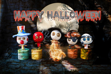 Happy Halloween concept background, Cute little wooden ghost doll gang on abstract stone wall texture background, red devil with his ghost friends