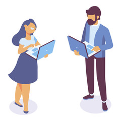 Isometric couple bearded man in suit and young smiling woman standing with a laptop. Isometric vector isolated illustration.