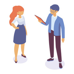 Isometric man and woman standing and having conversation. Talking. Business people team. Disscussing new idea. Coworkers. Vector isolated isometric characters.