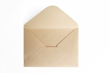 Blank paper blue envelope, letter for mail on white background, flat lay, top view. Concept postal service or greeting card