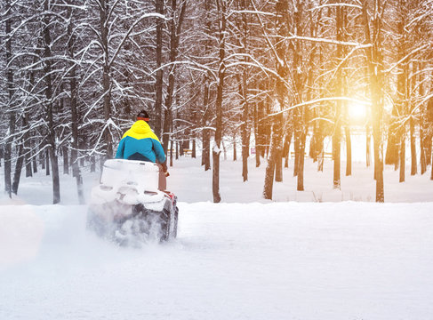 A man rides an ATV in the winter in the forest, the sun, background, copy space