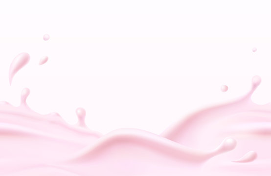 Milk Beverage Splash Seamless Pattern. 3d Realistic Pink Yogurt Wave Border. Vector Milky Strawberry Product Package Mockup.