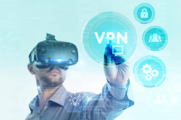 Business, Technology, Internet and network concept. Young businessman working on a virtual screen...