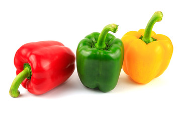 Fresh Green, yellow, red bell pepper. Sweet pepper. Giant pepper. Isolate on white background. Save with clipping path.
