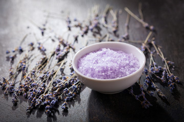 Lavender's bath salt and dried flowers of lavender
