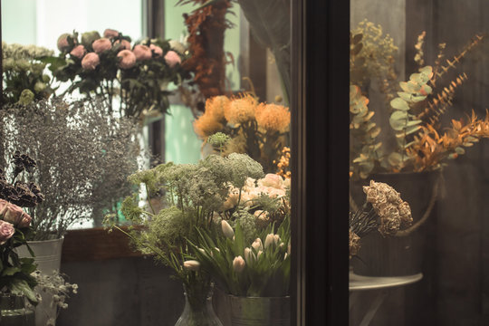 Beautiful showcase with a variety of fresh flowers flower shop.