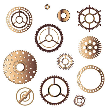 Set of bronze clock gears and washers, vector clip art in steam punk style