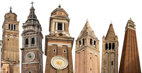 Venice, some bell towers of the city isolated on white background, (San Maurizio, Santa Maria Formosa, Santi Apostoli, San Vidal, San Barnaba, San Marco). Veneto, Italy, Europe. Collection of six imag
