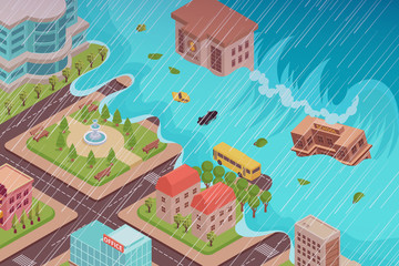 Naklejka premium Flood Disaster Isometric Composition