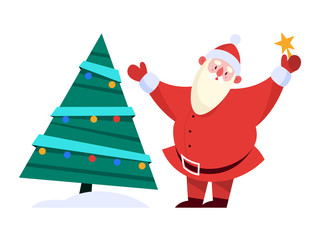 Santa Claus standing by Christmas tree with gold star in his hand